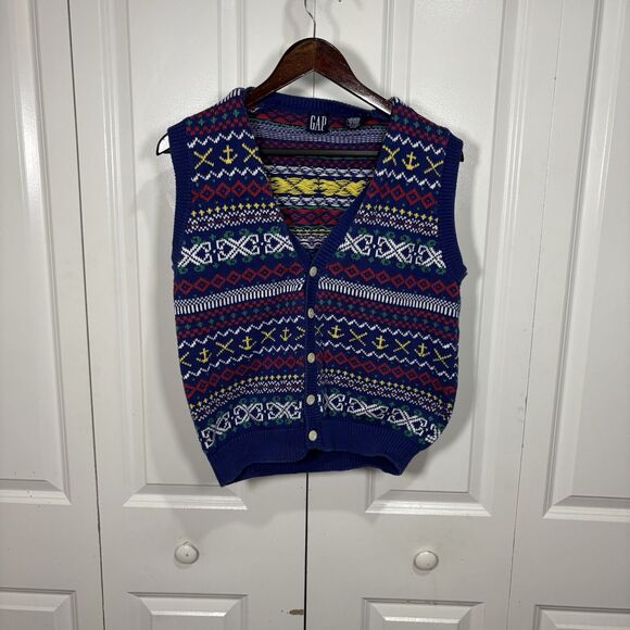 Vintage GAP Sweater Vest S Fair Isle Knit Nautical Anchor Retro Cottagecore Prep - Picture 1 of 8